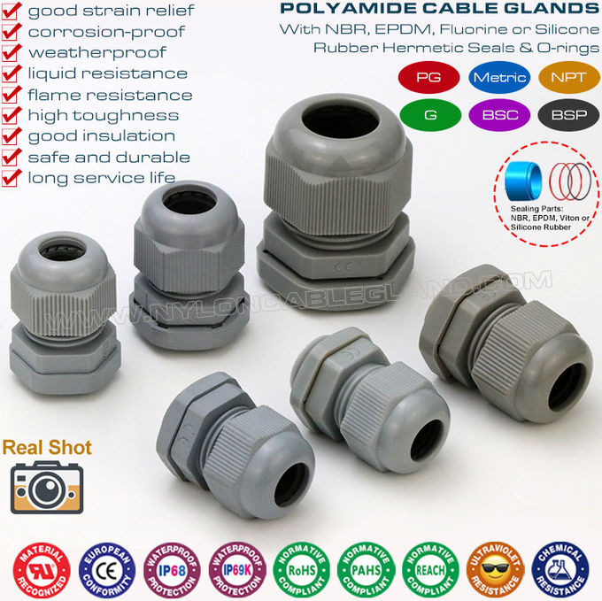 IP68 műanyag vízálló tömszelencék, IP69K csavarozható csatlakozók, PG7~PG48, szürke RAL 7035 / RAL 7001 / RAL 7005